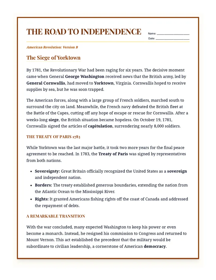 American Revolution End Version B Worksheet