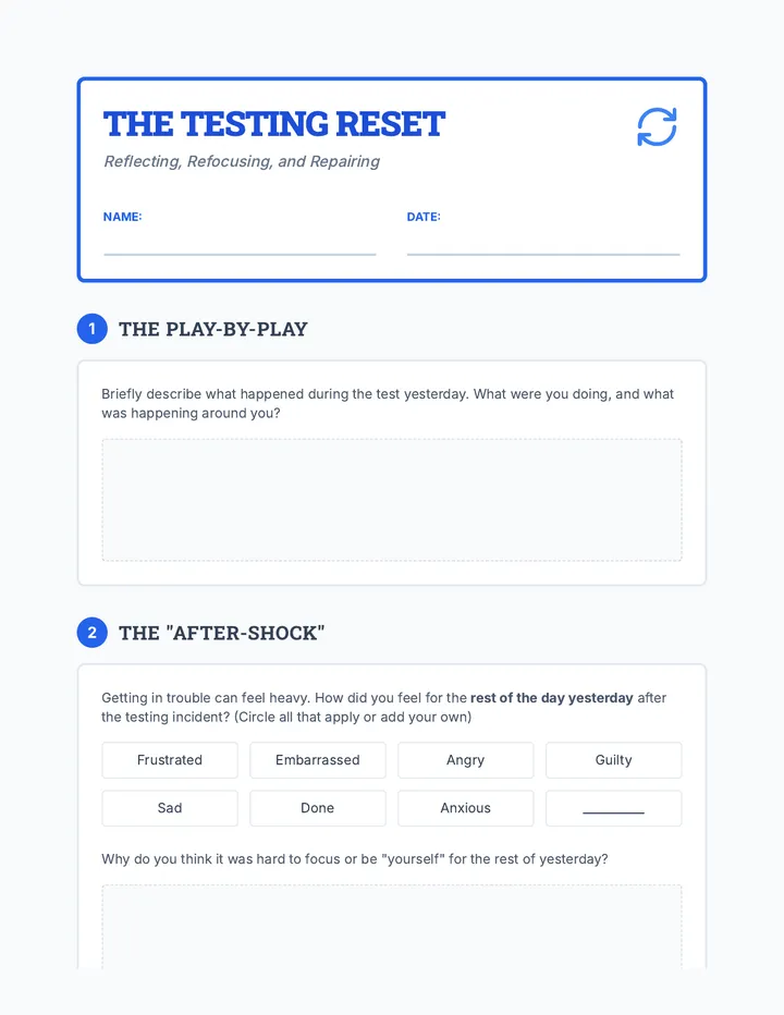 Testing Day Reset Worksheet