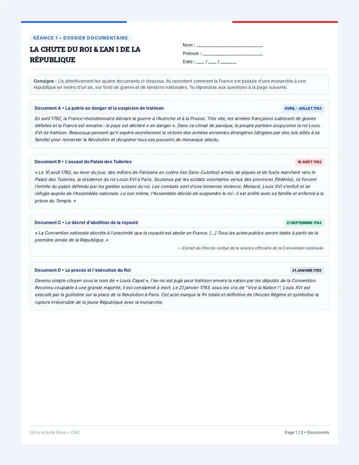 Chute du Roi Fiche Activité Élève