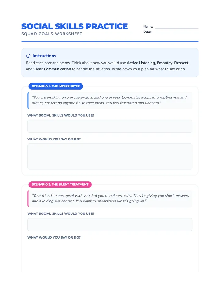 Social Skills Scenario Worksheet