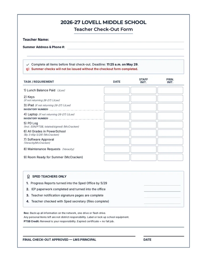 Lovell Check-Out Form document