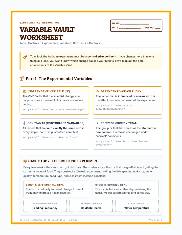 Variable Vault Worksheet