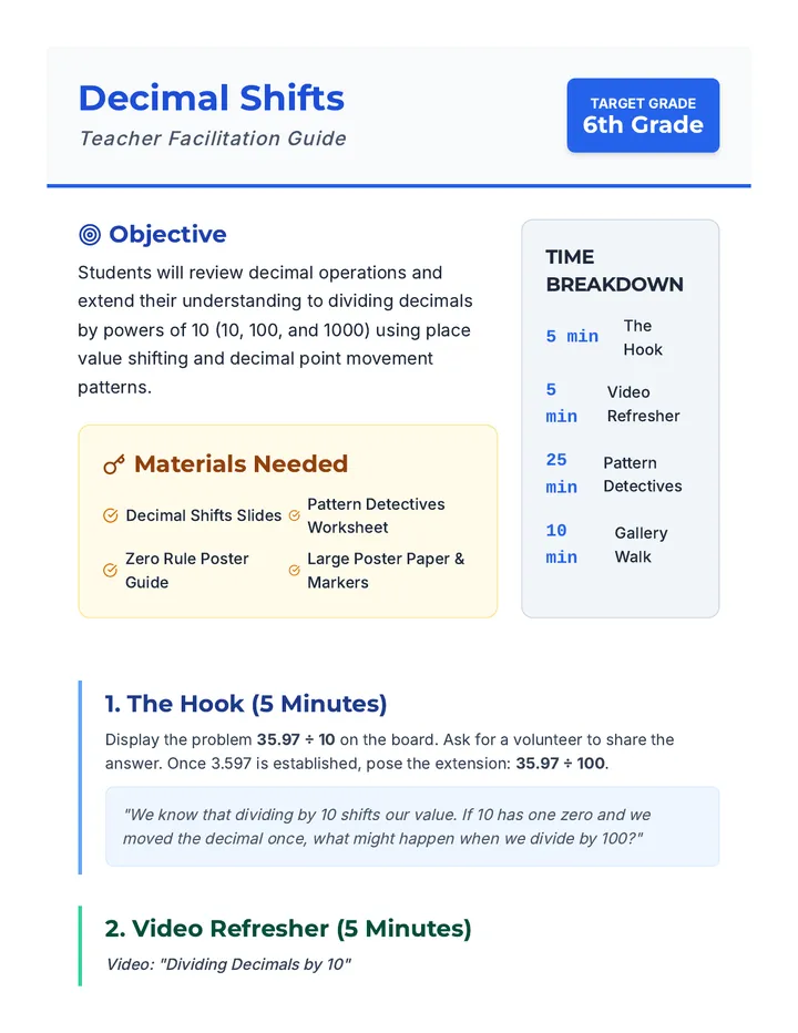 Decimal Shifts Teacher Guide