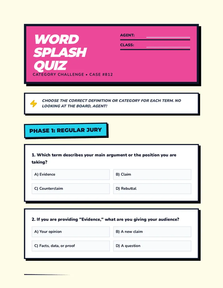 Word Splash Quiz Worksheet
