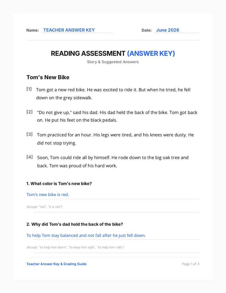 Tom New Bike Answer Key