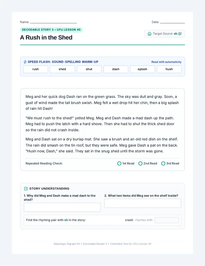 Rush in the Shed Decodable Reader