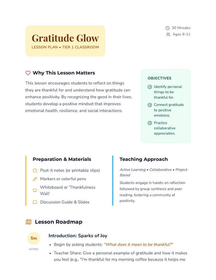 Gratitude Glow Lesson Plan