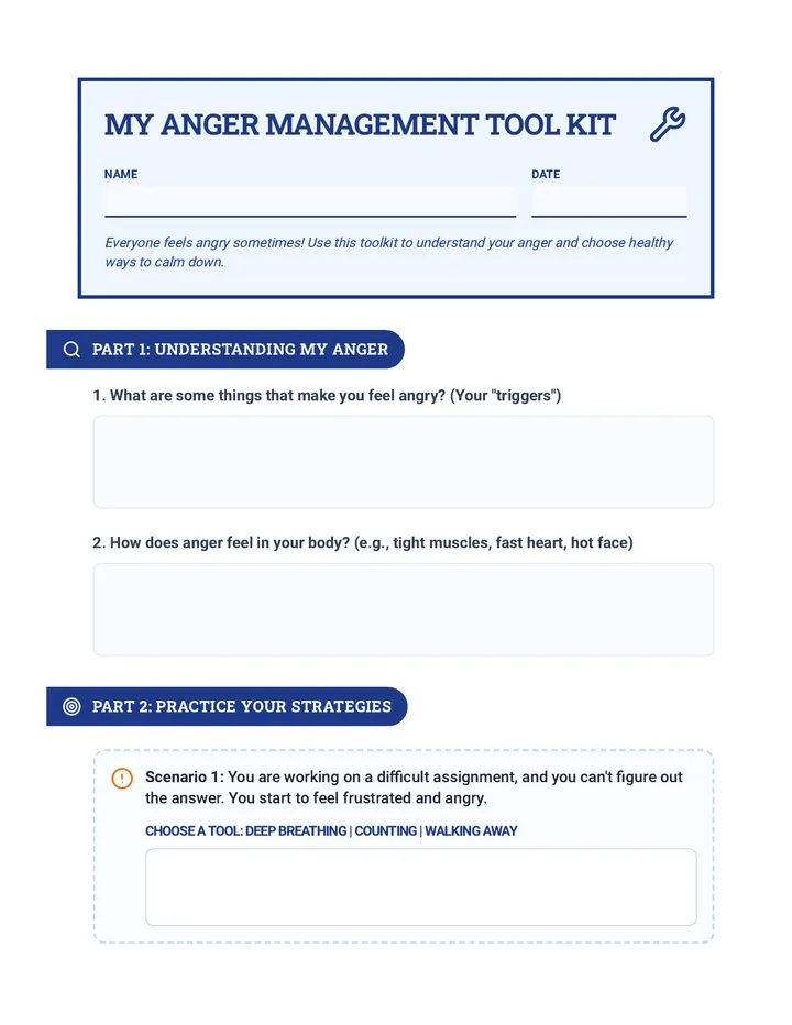 My Anger Management Tool Kit Worksheet