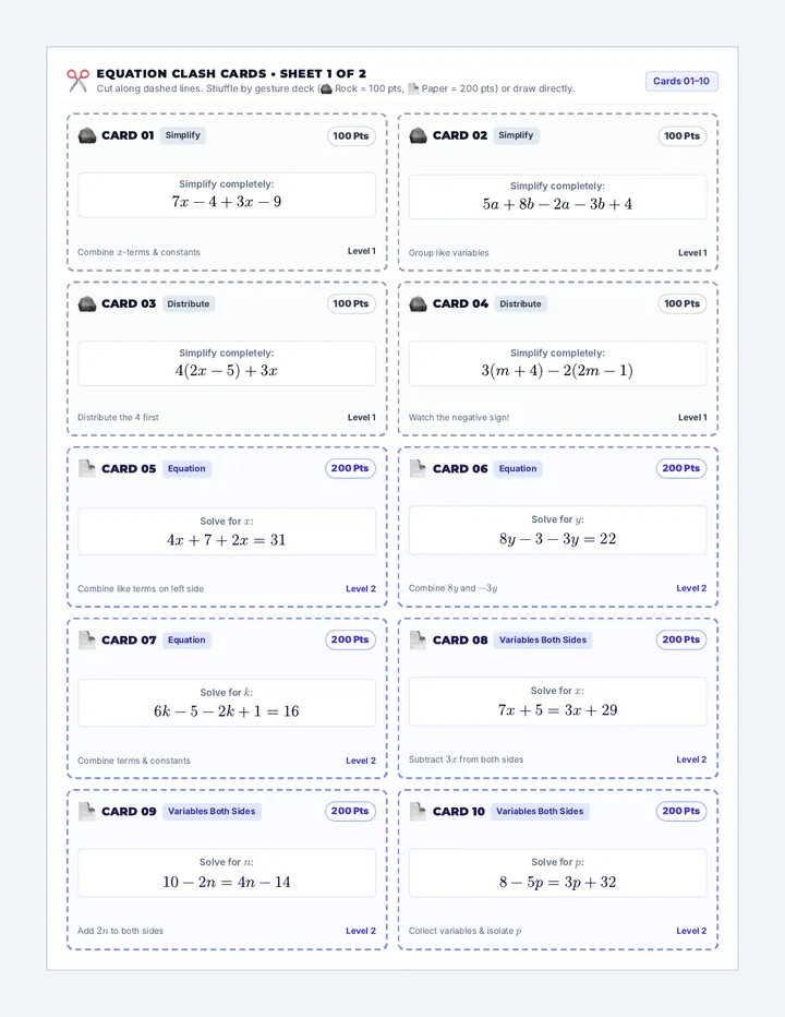Equation Clash Cards