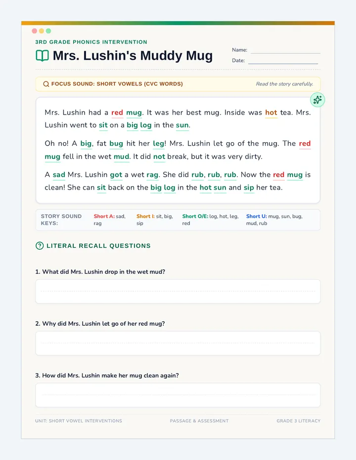 Muddy Mug Passage Worksheet