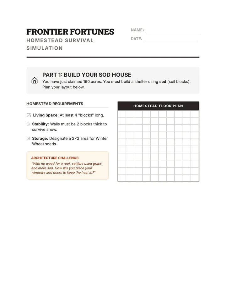 Frontier Fortunes Activity Sheet
