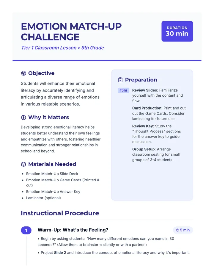 Emotion Match Up Lesson Plan