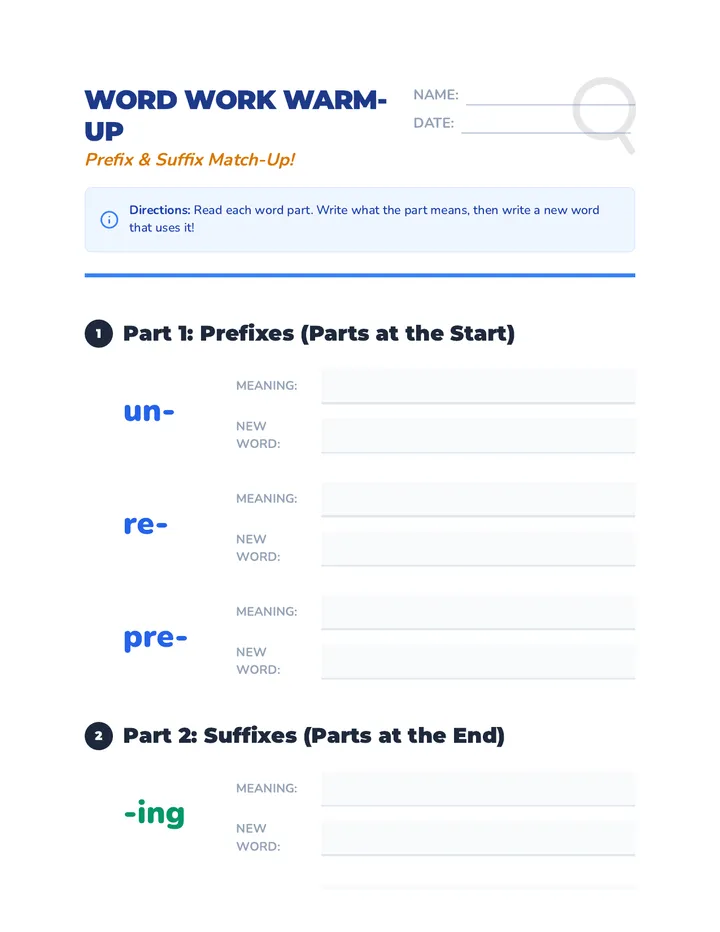 Word Work Warm Up Worksheet