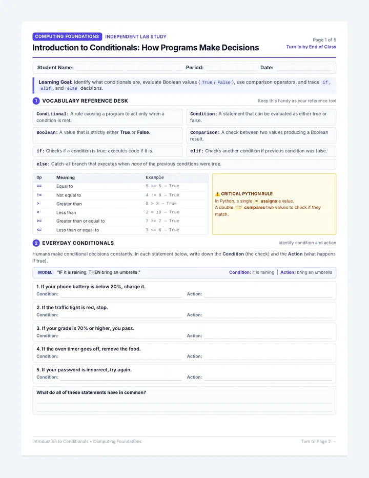 Conditionals Logic Worksheet
