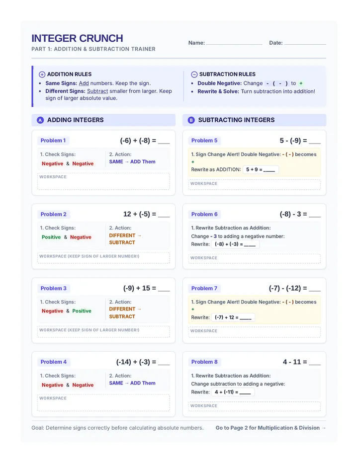 Integer Operations Trainer Worksheet