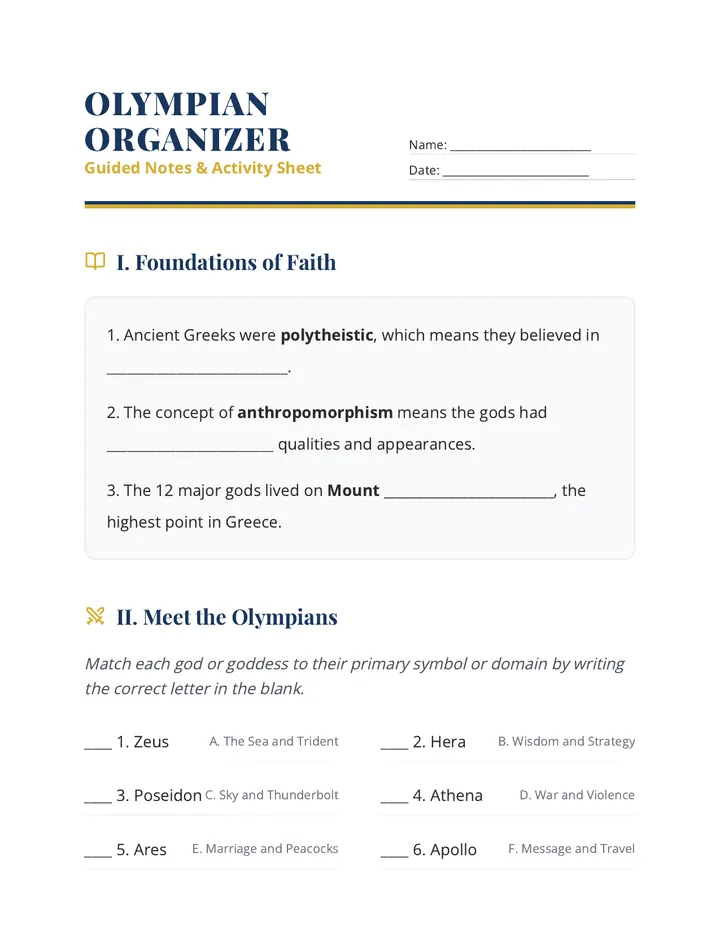 Olympian Organizer Worksheet