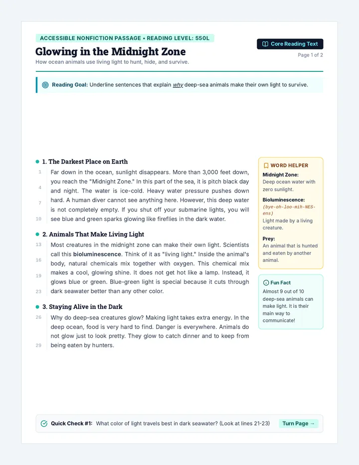 Deep Sea Wonders Passage Handout