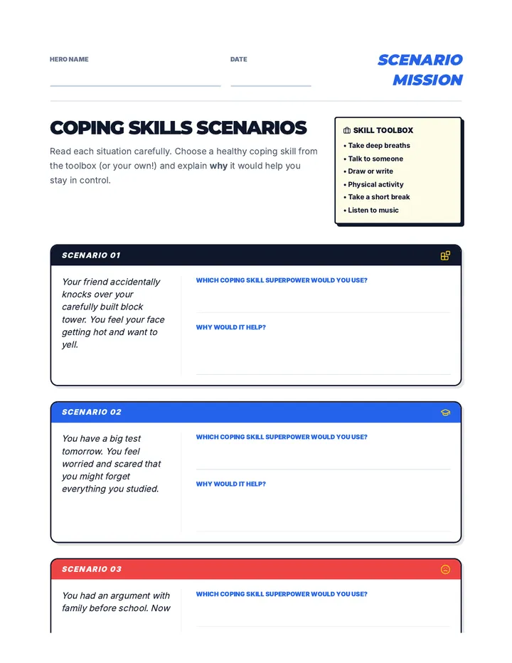 Coping Skills Scenarios Worksheet
