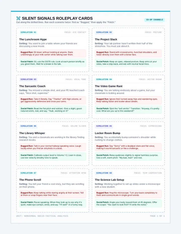 Silent Signals Roleplay Cards page 1
