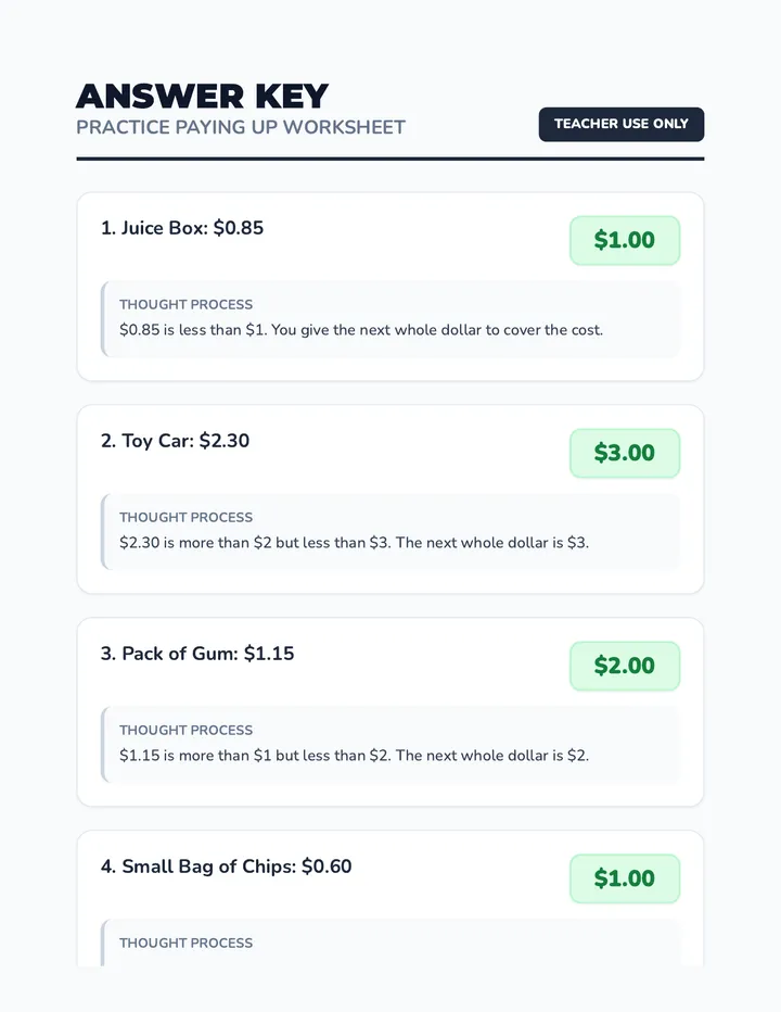Dollar Up Practice Answer Key Teacher Resource