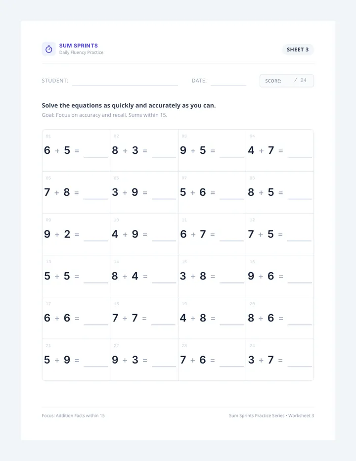 Sum Sprint Worksheet Three
