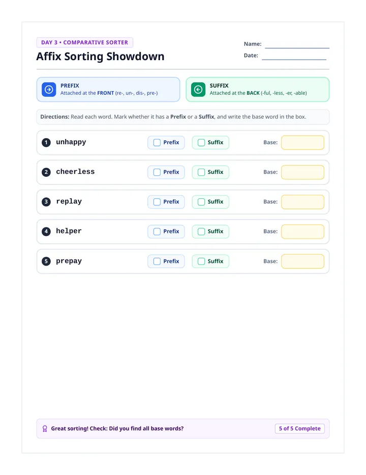 Affix Sorting Match Activity