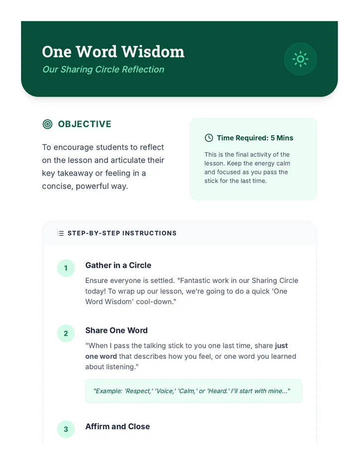 One Word Wisdom Cool Down Activity