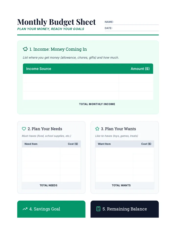 Monthly Budget Sheet Worksheet