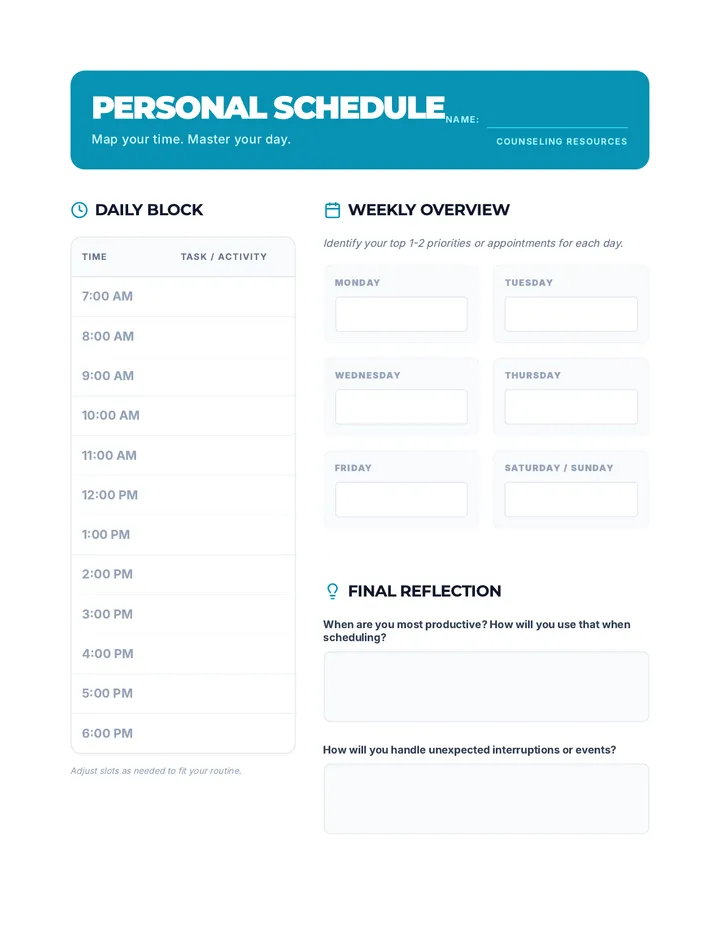 Personal Schedule Worksheet