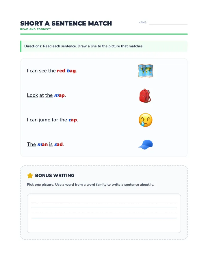 Short a Sentence Match Worksheet