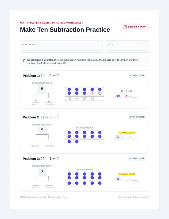 Make Ten Subtraction Worksheet