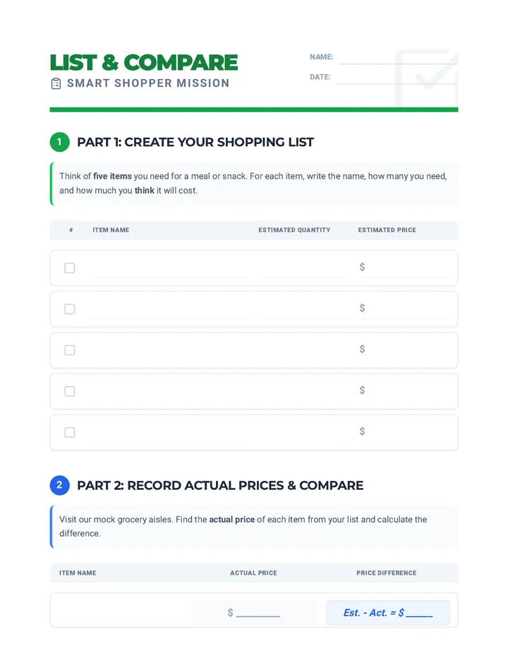 List & Compare Worksheet