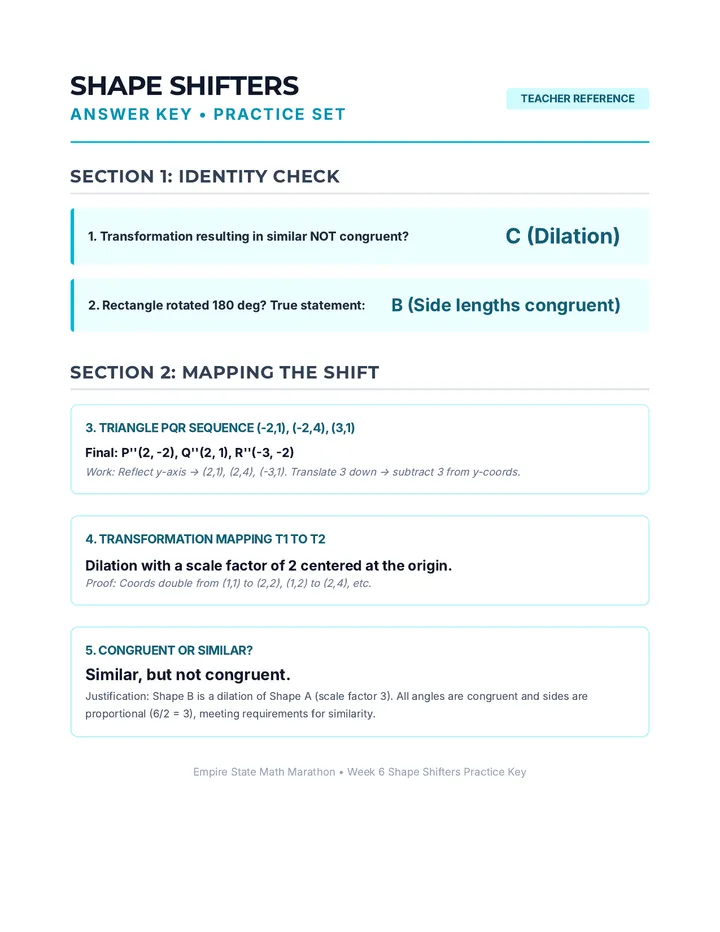 Shape Shifters Practice Set Answer Key