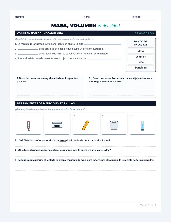 Density Practice Spanish Worksheet