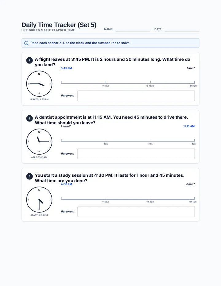 Daily Time Worksheet Set 5