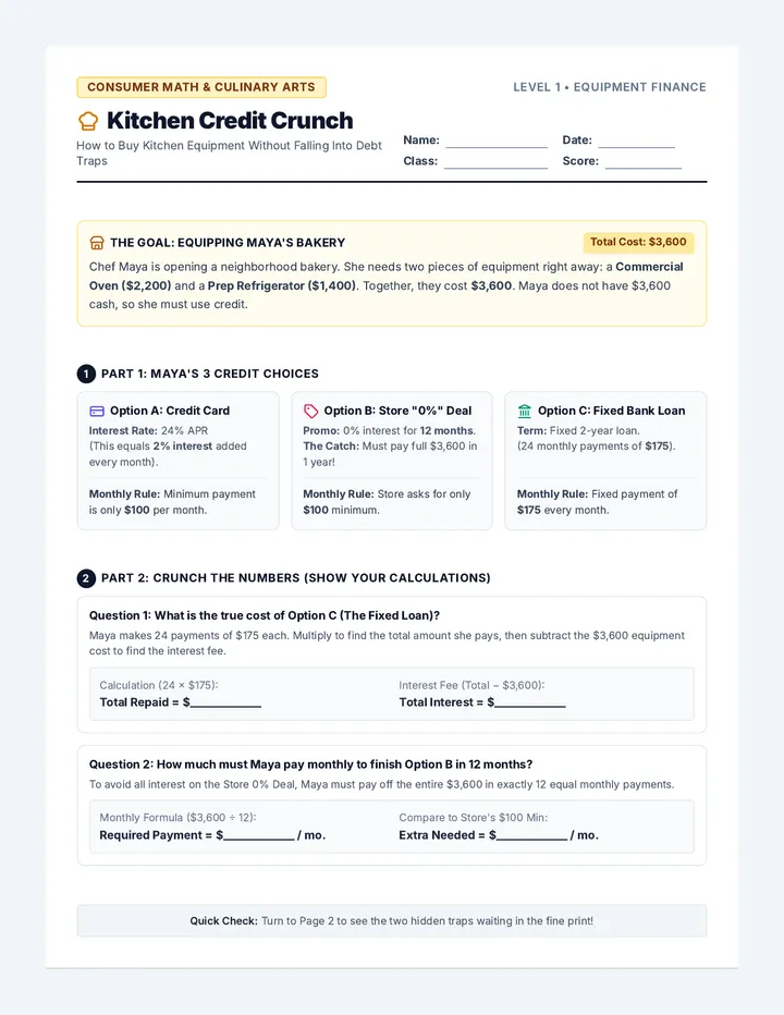 Kitchen Credit Crunch Worksheet