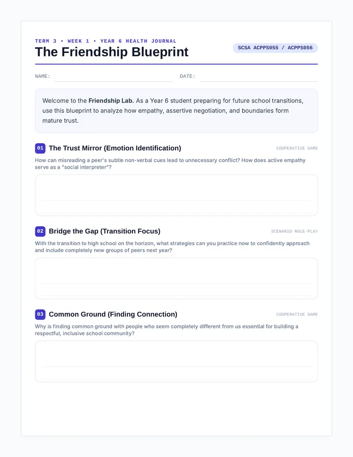 Friendship Blueprint Journal Year 6 Worksheet