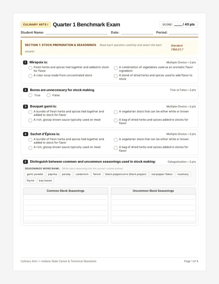 Culinary Arts Benchmark Exam