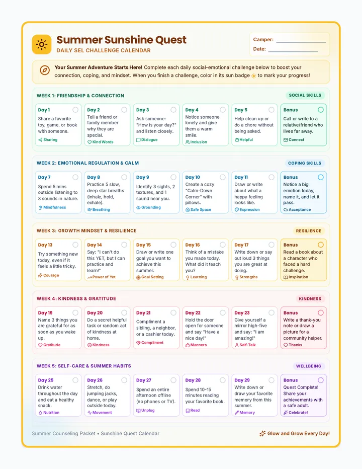 Summer SEL Challenge Calendar