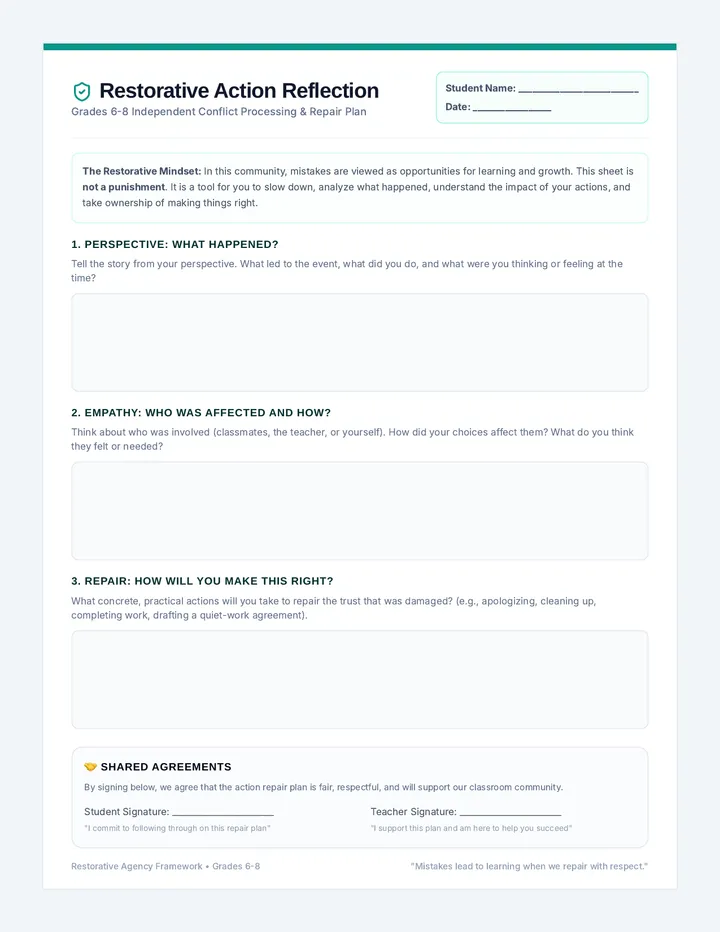 Restorative Behavior Reflection Sheet