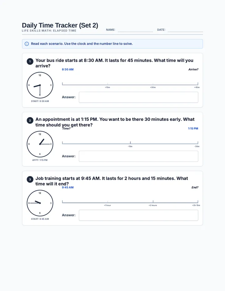 Daily Time Worksheet Set 2