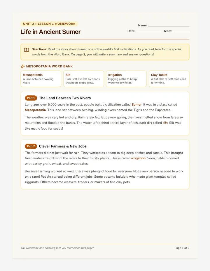 Sumerian Life Passage Worksheet