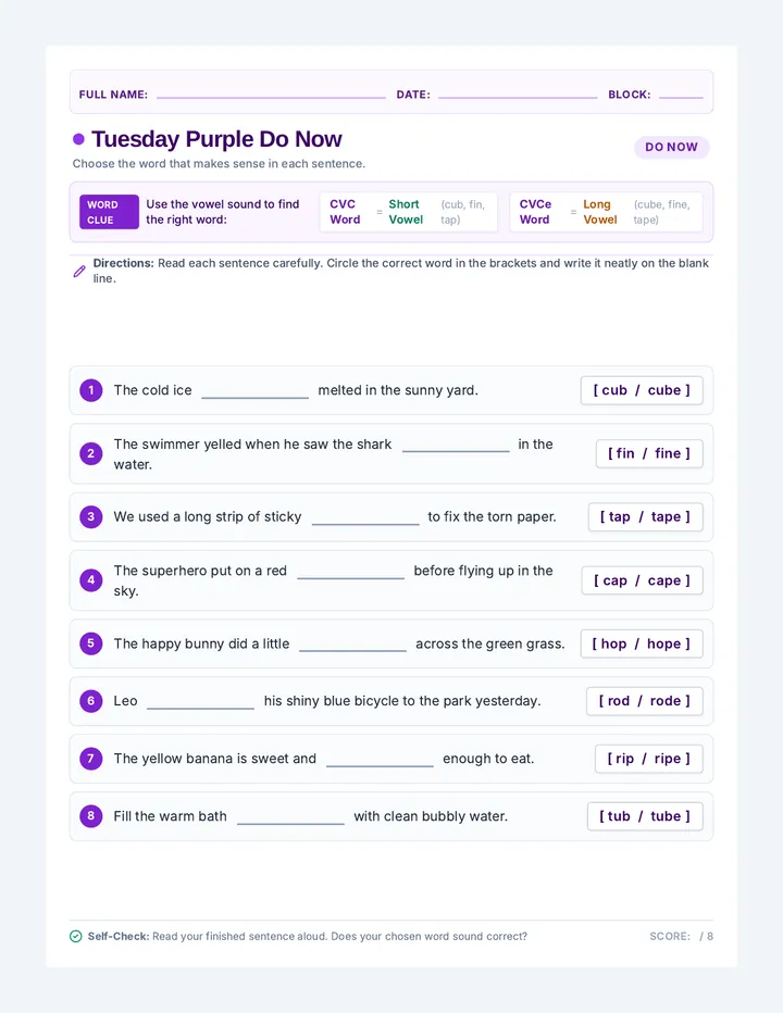 Tuesday Purple Do Now Worksheet