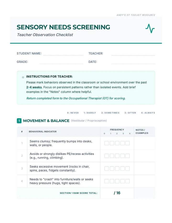 Sensory Screening Checklist Form