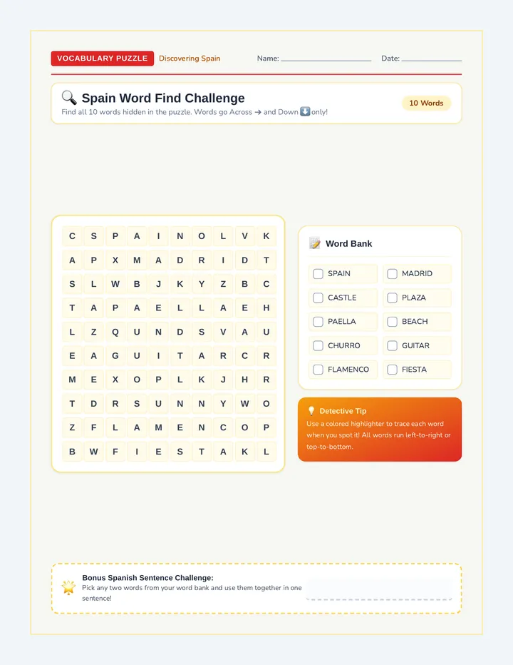 Spain Word Find Activity