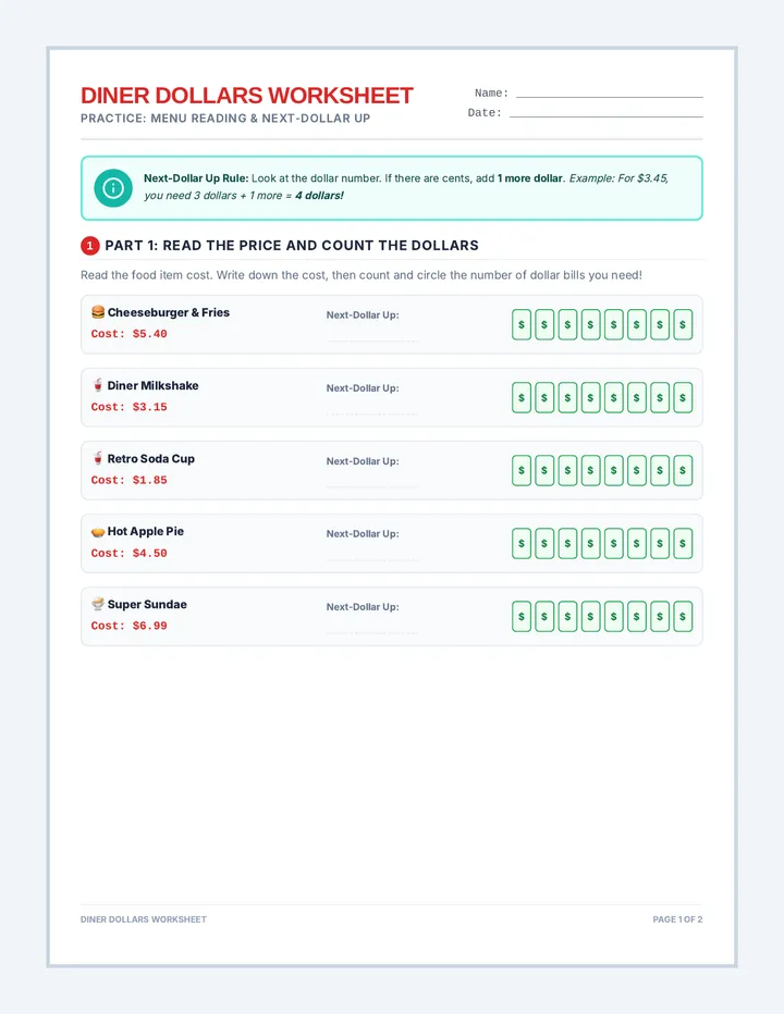 Diner Dollars Worksheet