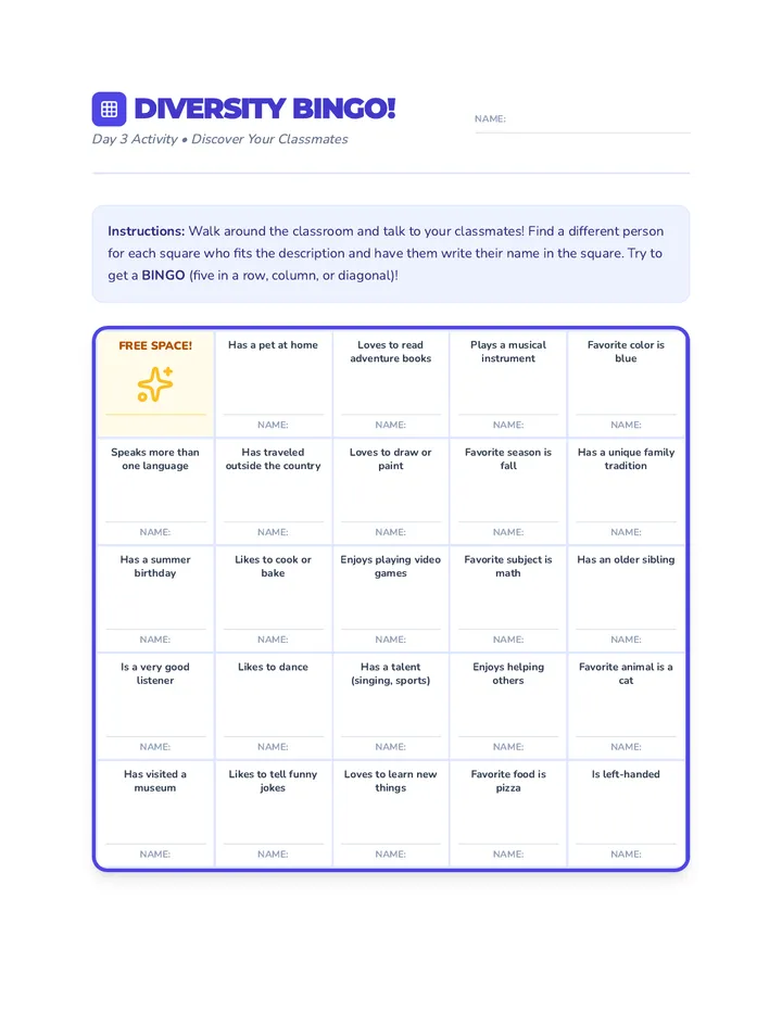 Day 3 Activity Diversity Bingo Sheet