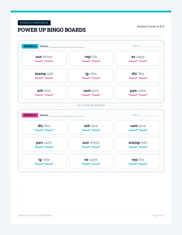 Power Up Phonics Bingo Printables
