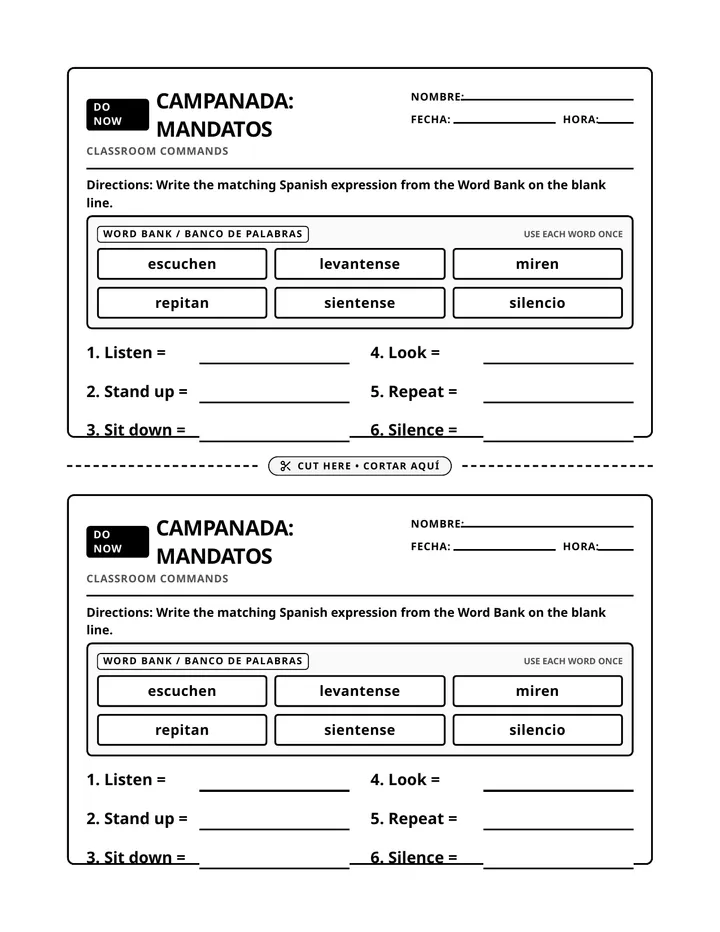 Spanish Commands Warmup Sheet