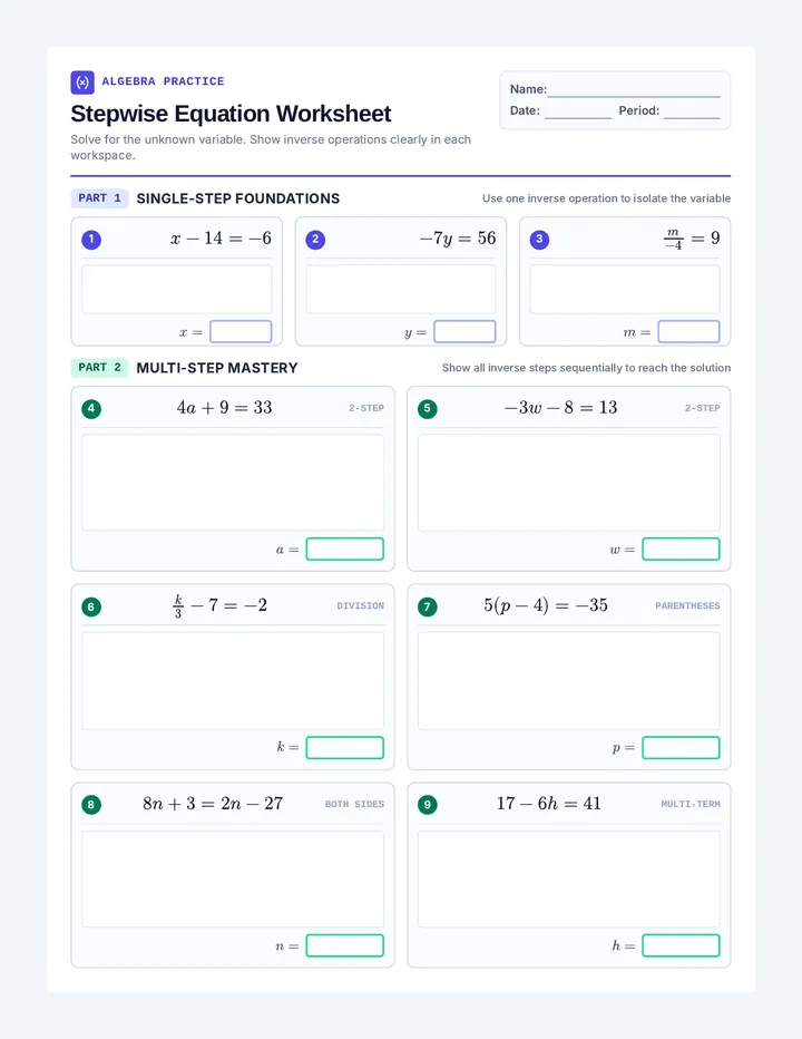 Stepwise Equation Worksheet